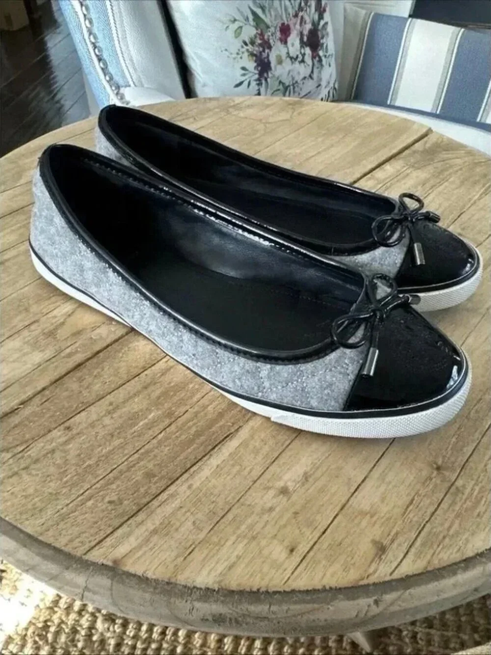 Tory Burch Skyler Grey Quilted Wool Patent Leather Toe Ballet Flats Size 6.5